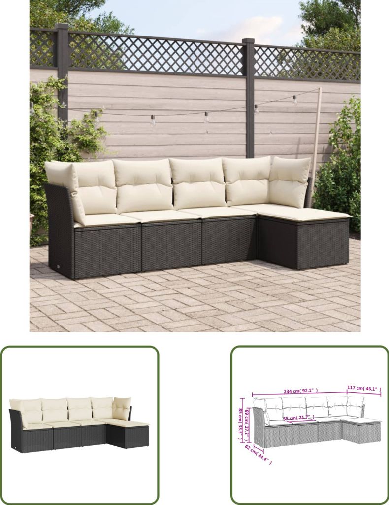 The Living Store 5-tlg. Garten-Sofagarnitur mit Kissen Schwarz Poly Rattan