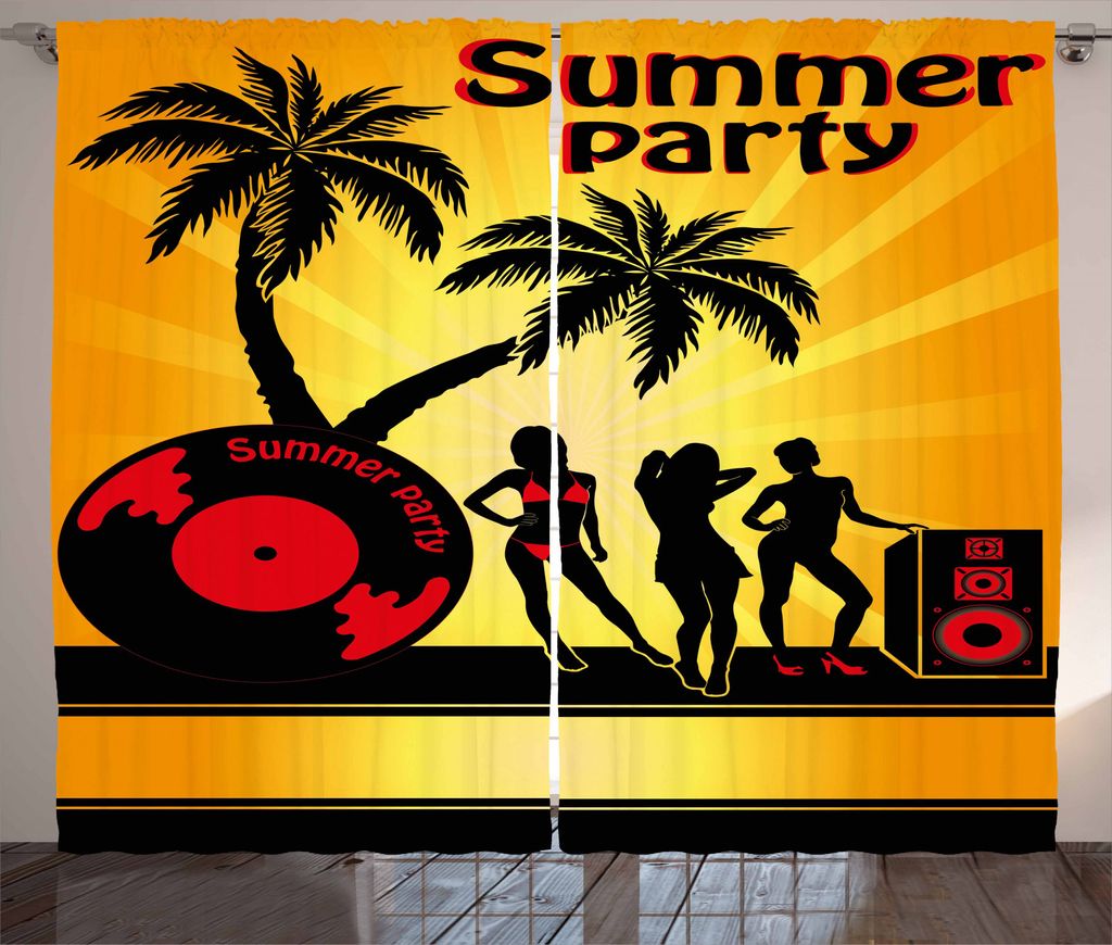 ABAKUHAUS Strand Rustikaler Gardine, Party Girls Vinyl Record, Schlafzimmer Kräuselband Vorhang mit Schlaufen und Haken, 280 x 245 cm, Orange Grau