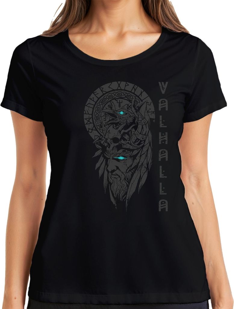 Valhalla Wikinger Helm Schädel Raben Runen Nordisch Gothic Odin Damen T-Shirt, Schwarz, L