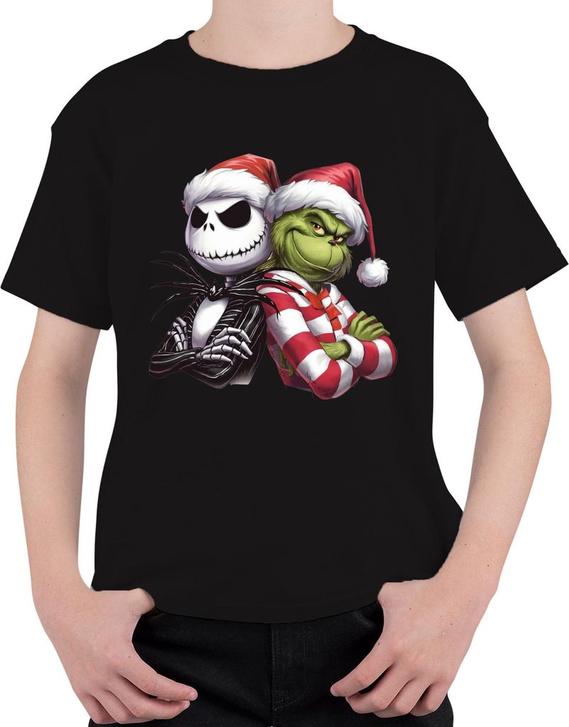 Grinch Jack Skellington Weihnachten Santa Hut lustig Geschenk Uni Kinder T-Shirt, Schwarz, 140