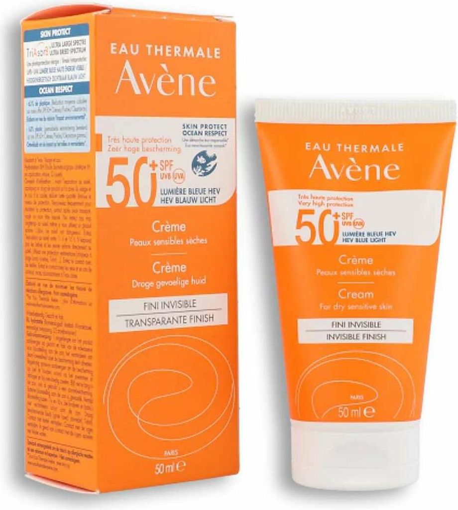 A product shot of an Avène sunscreen box and tube against a white background.