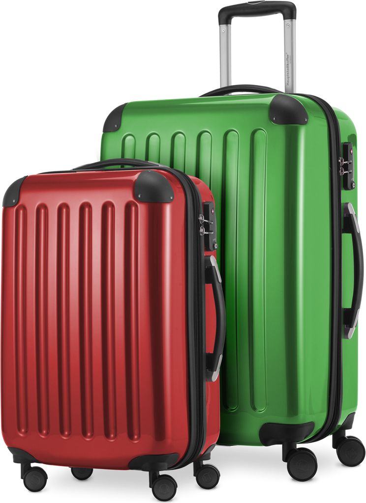 Alex - 2er Set Handgepäck + Mittelgroßer Koffer, Kofferset Resekofffer Trolleys Hartschale Polycarbonat glänzend,Grün-Rot