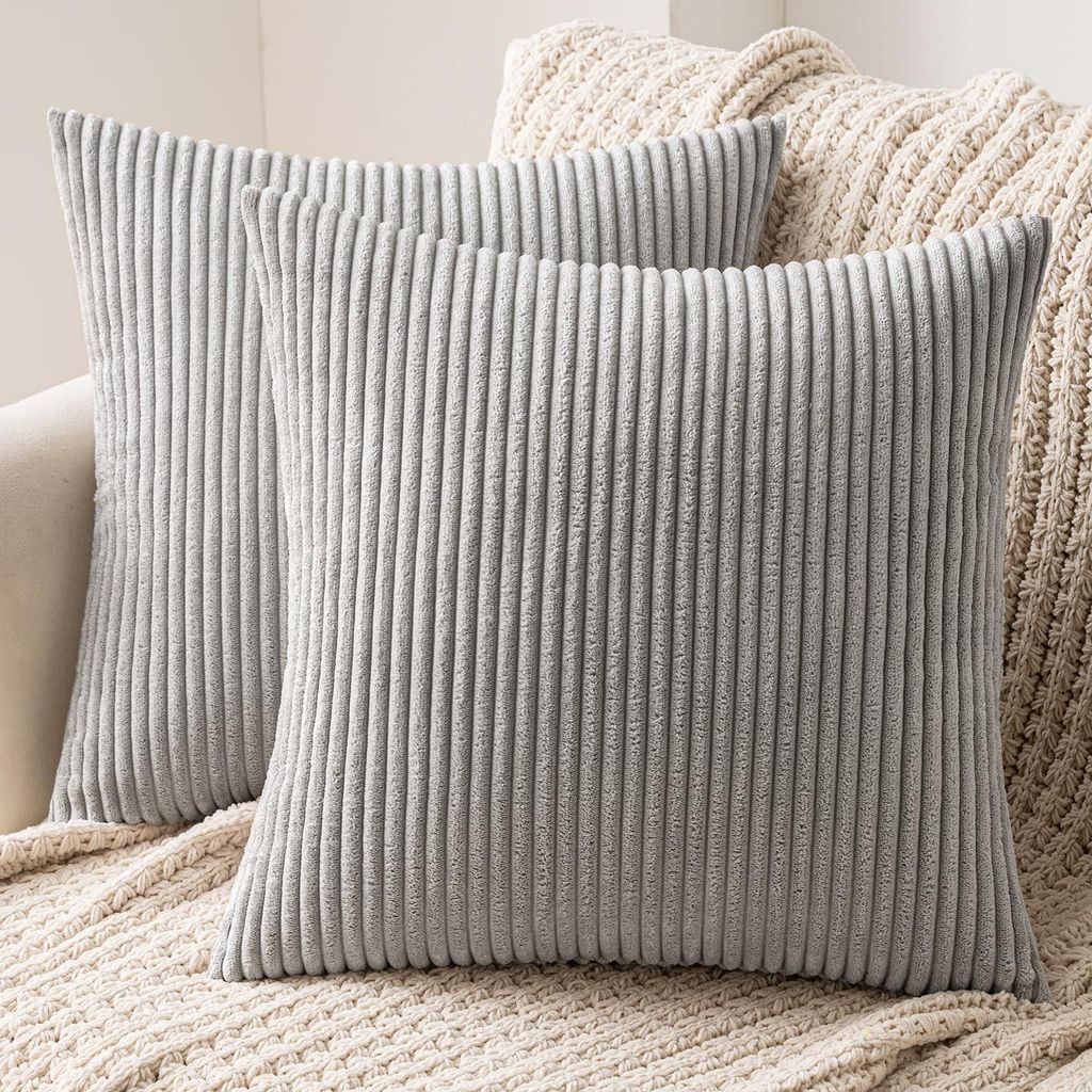 Set mit 2 Kissenbezügen aus Cord, geeignet für Sofakissen, dekorative Kissenbezüge mit verdecktem Reißverschluss, 40 x 40 cm, hellgrau