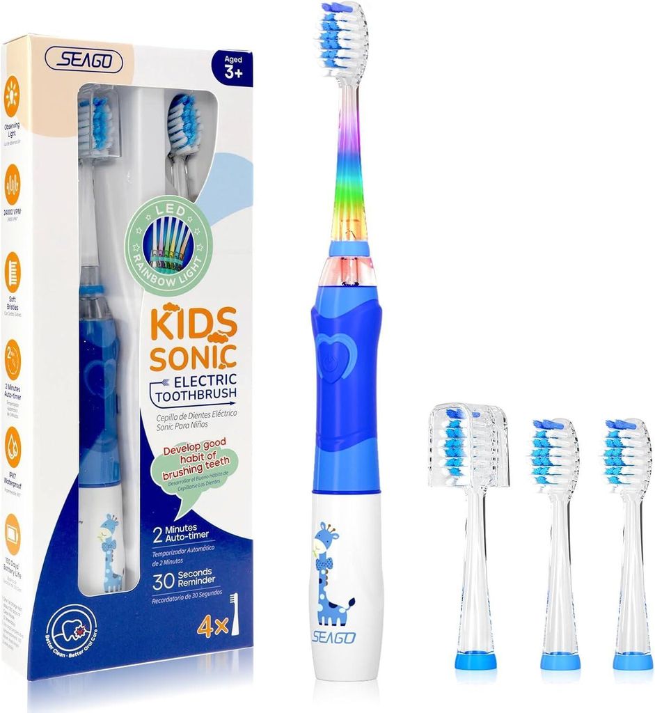 Elektrische Zahnbürste Kinder ab 3 Jahren mit bunten LED Licht, 4 Aufsteckbürste, Smart Timer, Wasserdicht IPX7 mit integrierte LED-Licht