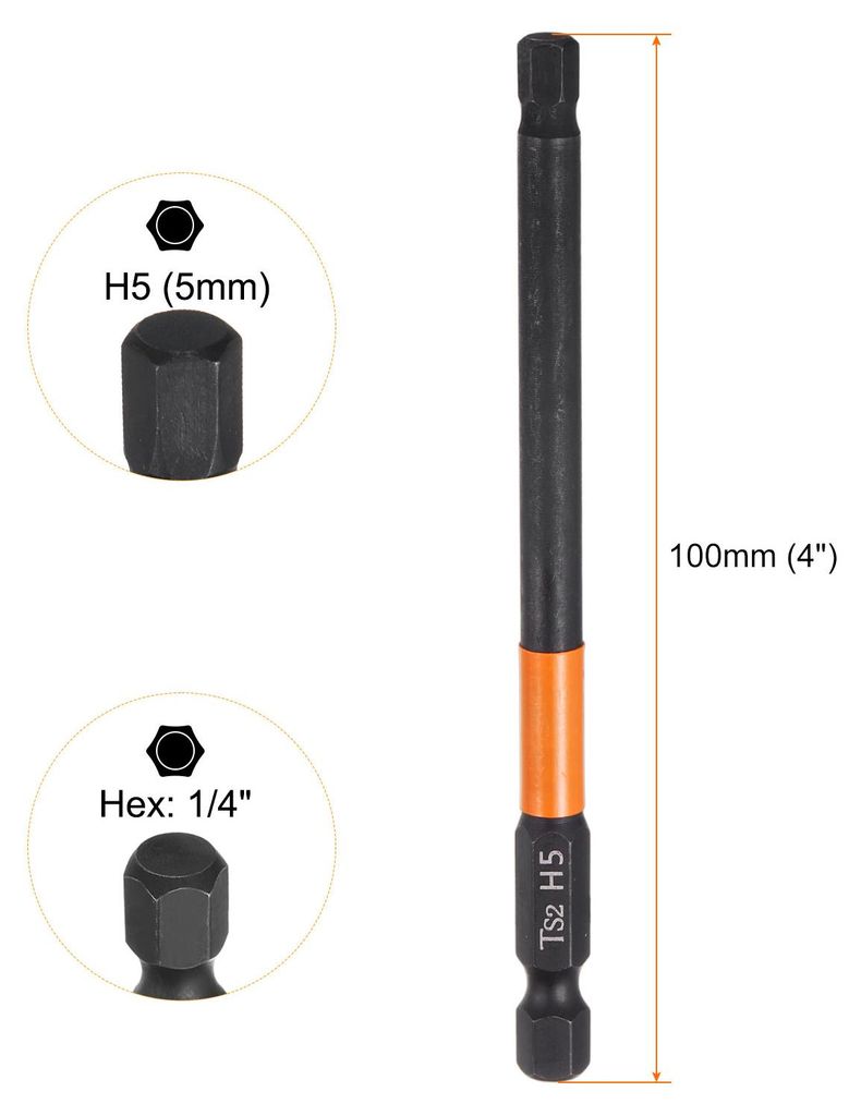 5 Stš¹ck H5 Innensechskant Bit Set metrische Flachspitze Bitsatz 1/4" Sechskantschaft 100mm lang Magnetisch Schwarz Phosphatiertes fš¹r Schraub...