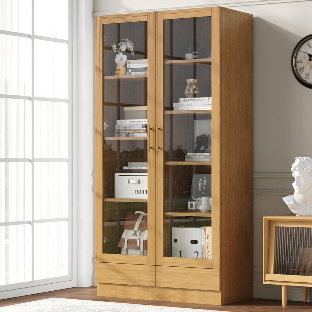 Merax Glasvitrine mit 2 Glastür, 2 Schublade, Metallgriffe, Regale, Büro Hochschrank, Aktenschrank, Schrank, Holzoptik Vitrinen, 160x80x40cm, Natur