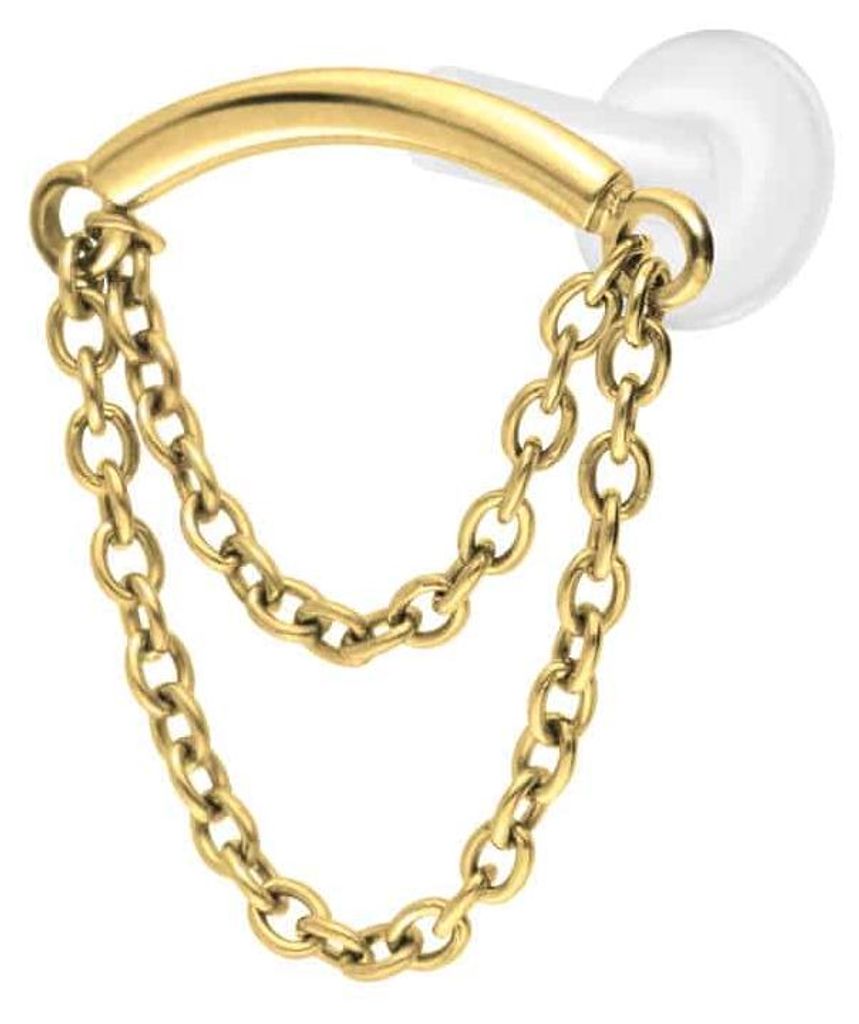Ohrpiercing, Nasenpiercing PTFE Labret mit Innengewinde + Titan-Aufsatz BOGEN + 2 KETTEN Gold Stablänge: 7mm | Stabstärke: 1,6mm