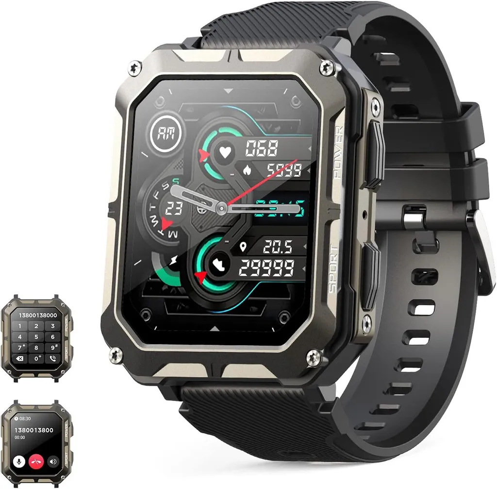 Smartwatch militare da uomo, funzione telefono, display da 1,81'', impermeabile, activity tracker, fitness tracker, monitor del sonno, misurazione della pressione sanguigna, 120+ modalità sportive