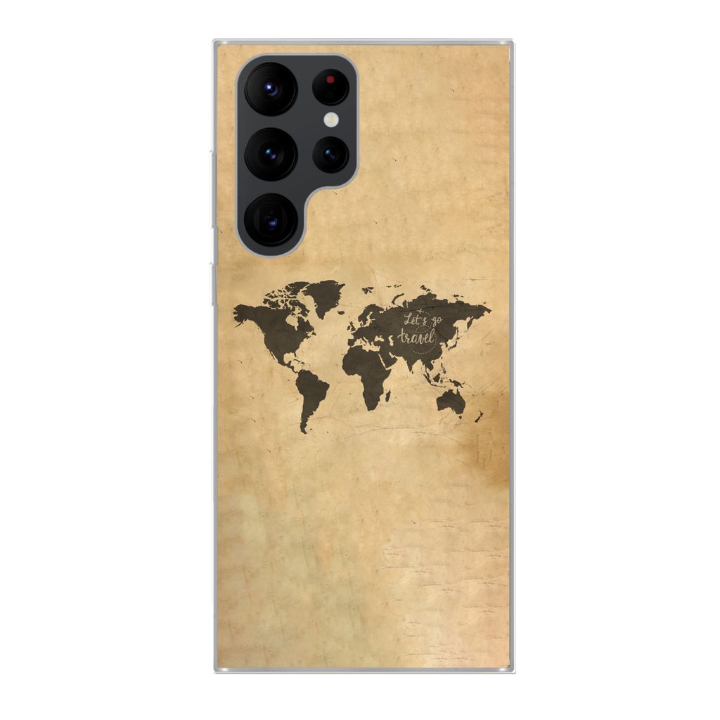 MuchoWow Handyhülle Schutzhülle Hülle für Samsung Galaxy S22 Ultra Weltkarte - Schwarz - Sprichwörter Silikon Softcase Handy Hülle - Abbildung