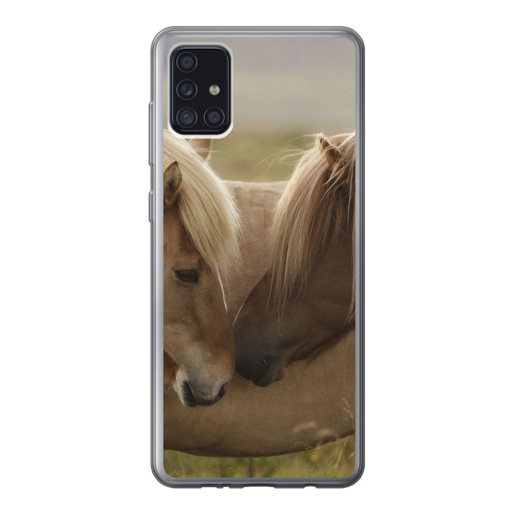 MuchoWow Handyhülle Schutzhülle Hülle für Samsung Galaxy A52 5G Pferde - Gras - Braun Silikon Softcase Handy Hülle - Umschlag