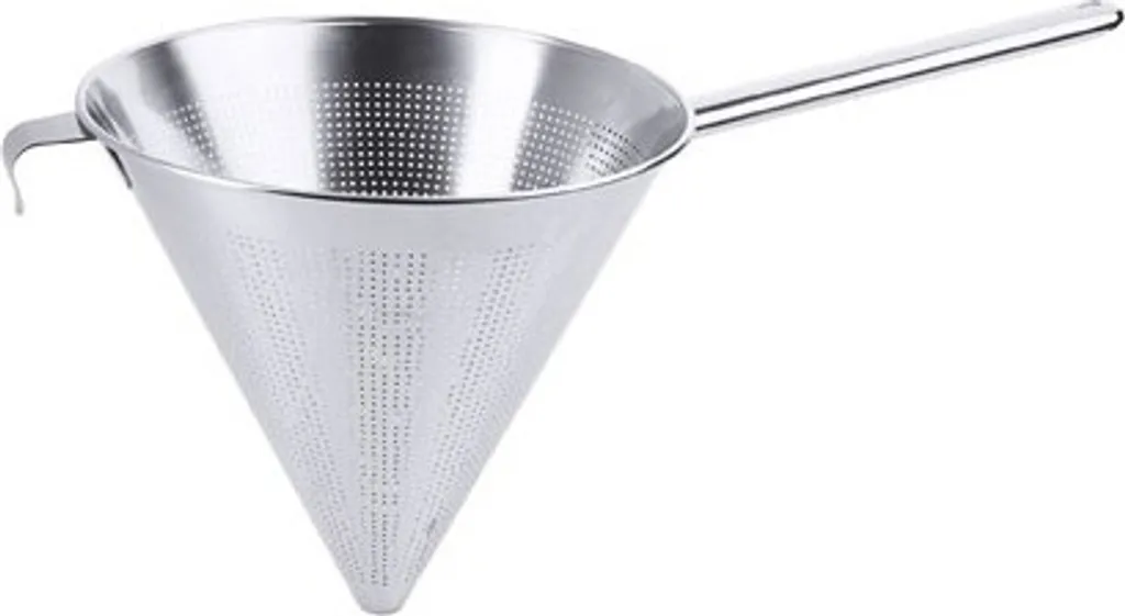 Colapasta a punta con manico rotondo in acciaio inossidabile 18/10, satinato, con bordo flangiato, con perforazione di 1 mm, senza perforazione nella punta conica, qualità pesante