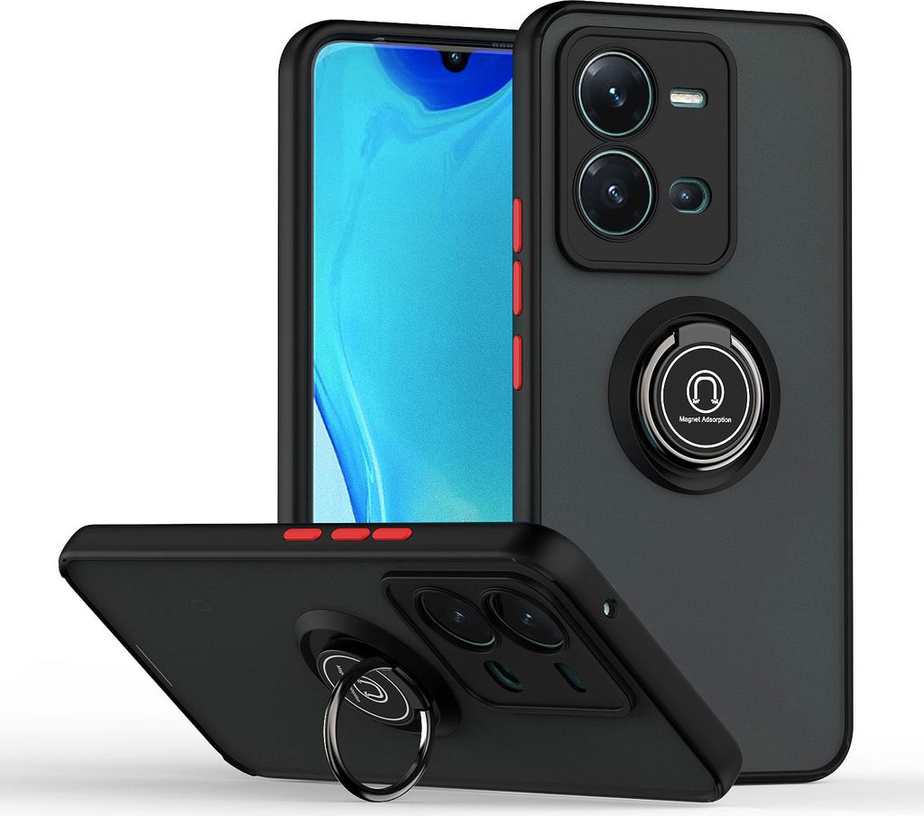 VIVO V25 Hülle, Ring Halter Ständer Matte Transluzent TPU Rahmen Stoßfest Schutzhülle für VIVO V25 Schwarz Rot