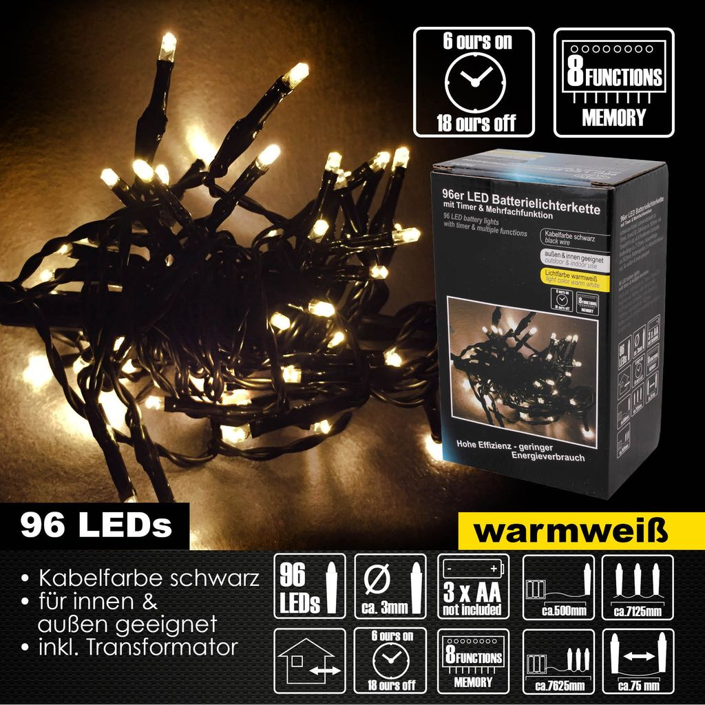 A product shot of LED string lights with packaging and feature callouts.