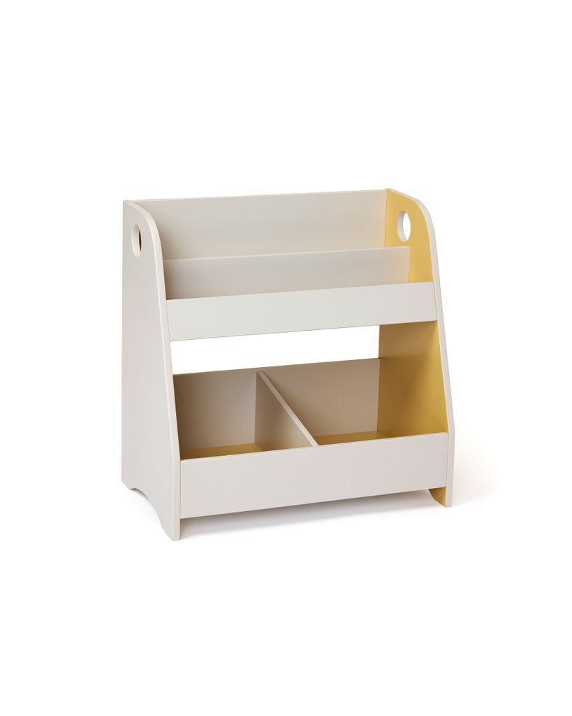 A white and yellow children's bookshelf on a white background.