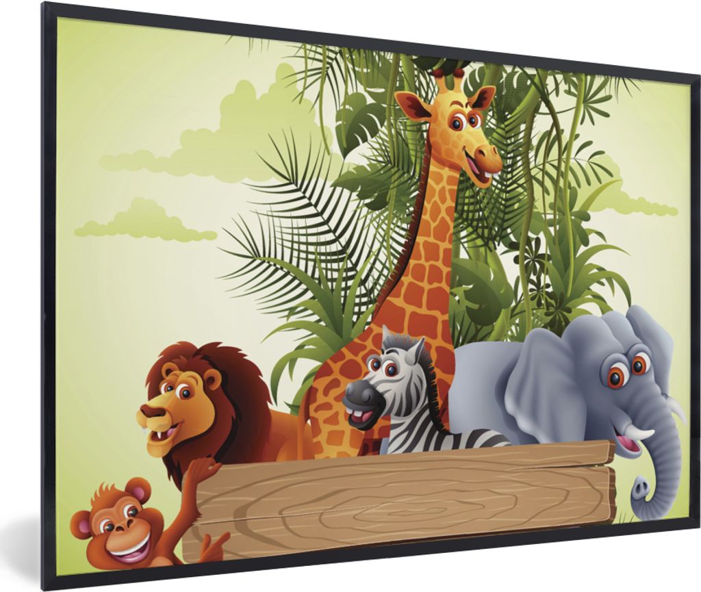 MuchoWow Gerahmtes Poster Dschungeltiere - Natur - Kinder - Giraffe 30x20 cm - Poster mit Schwarzem Bilderrahmen Wandposter Rahmen Foto Bilder - ...