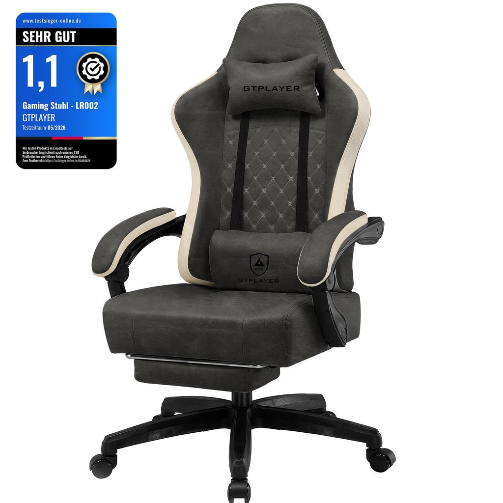 GTPLAYER Gaming Stuhl Ergonomischer Gaming Sessel Schreibtischstuhl Kunstleder, Federsitzkissen, Verbindungsarmlehnen und Fußstütze 150KG, GRAU
