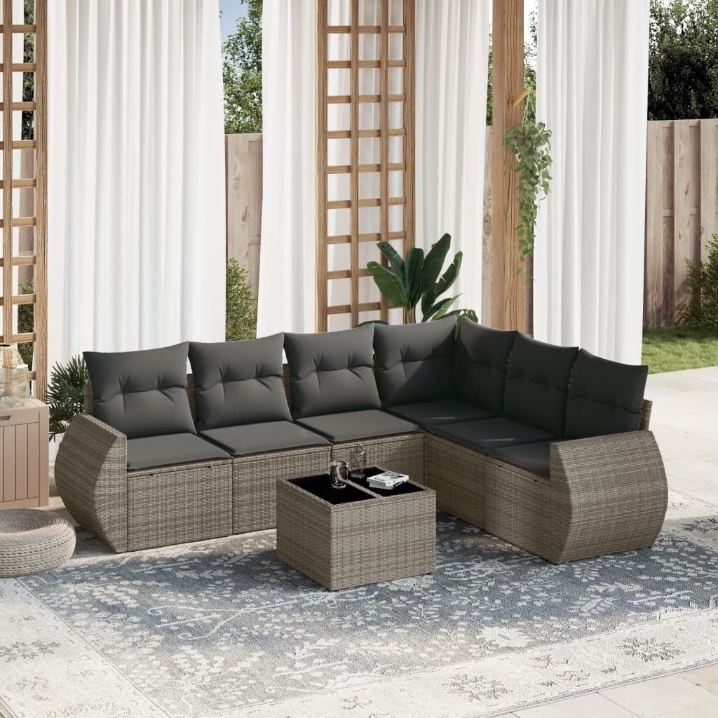 Ankonbej 7-tlg. Garten-Sofagarnitur mit Kissen Grau Poly Rattan