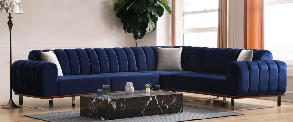 Casa Padrino Luxus Ecksofa mit verstellbaren Rückenlehnen Blau / Braun / Silber 320 x 180 x H. 80 cm - Wohnzimmer Sofa - Wohnzimmer Möbel - Luxus...