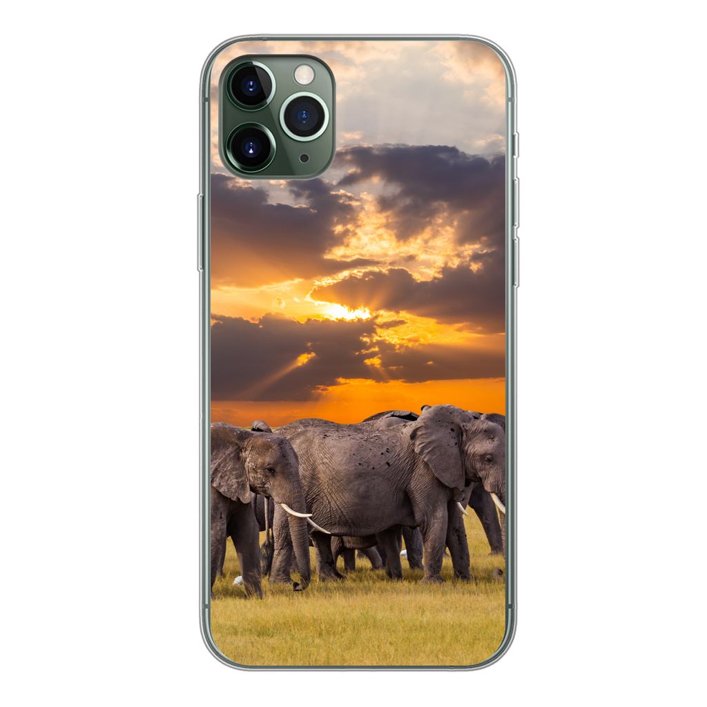 MuchoWow Handyhülle Schutzhülle Hülle für iPhone 11 Pro Max Elefant - Tiere - Gras - Sonnenuntergang - Natur Silikon Softcase Handy Hülle - ...