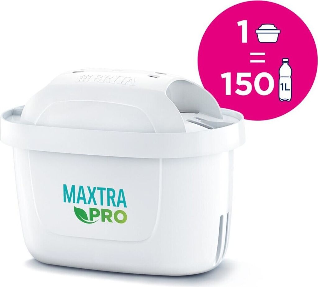 A white Brita water filter cartridge is shown against a white background. A pink circle overlay contains text and graphics indicating the filter's capacity.