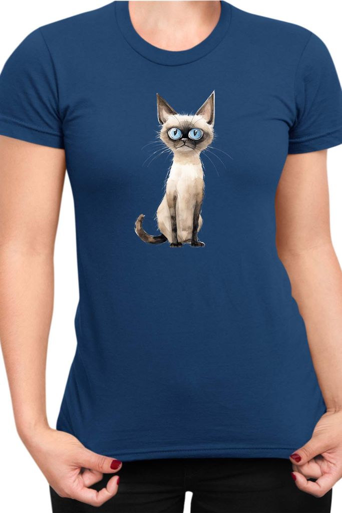 Damen T-Shirt Funny Cats Breeds Siamese Cat, Lady 2XL / Dunkelblau