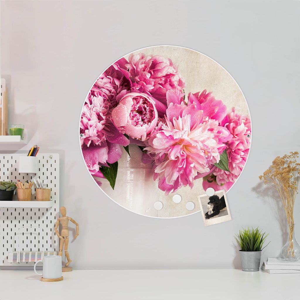 Design Stahlmagnettafel Weiß Rund 47cm Pfingstrose