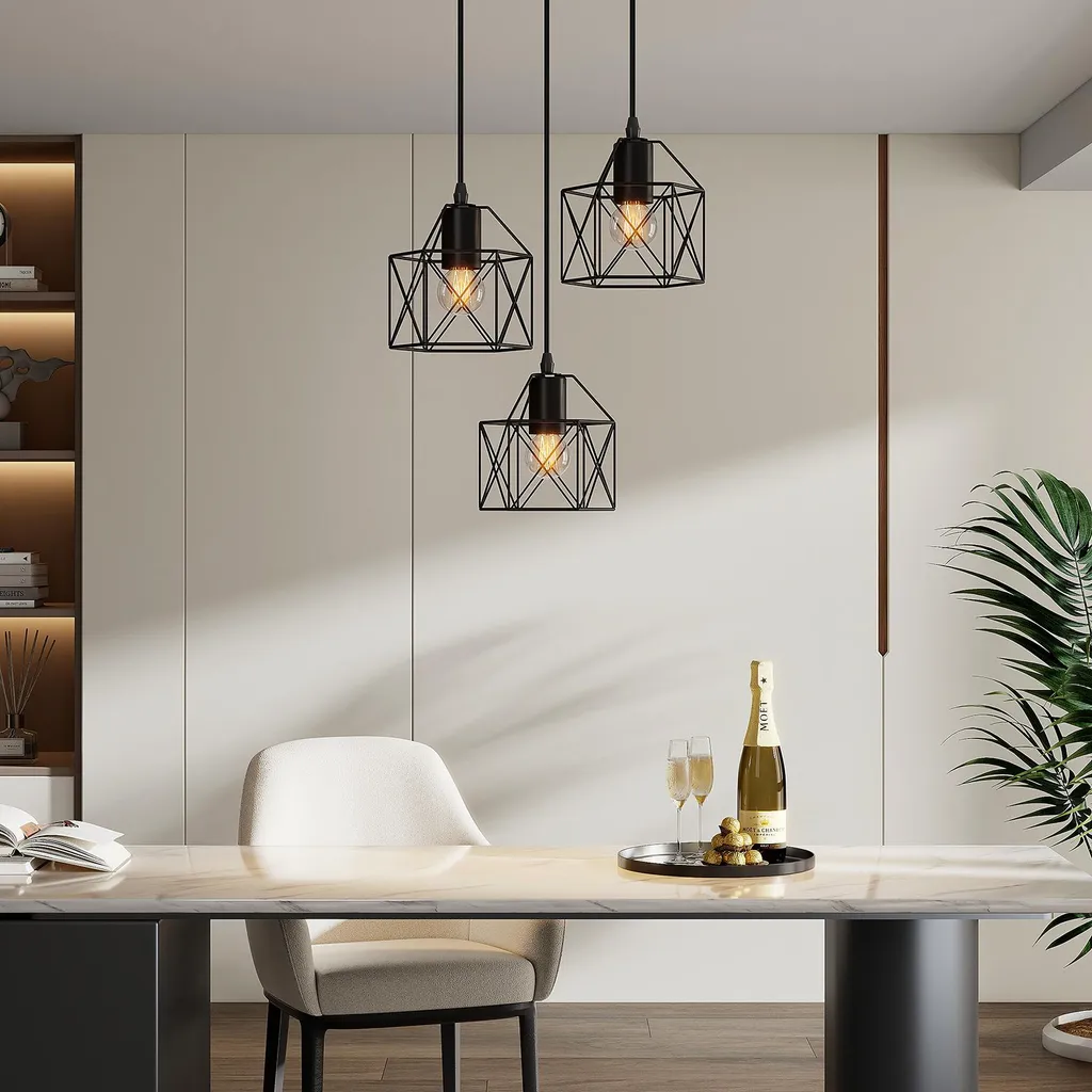 Luminaire de Bar et Salon Suspension 3 Têtes Noire Style Rétro Chic