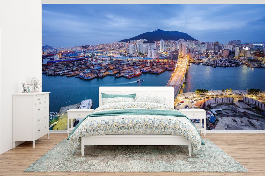 MuchoWow Fototapete für Wohnzimmer oder Schlafzimmer Wandtapete Vinyl Motivtapete Die südkoreanische Metropole Busan - 535x300 cm - Wanddekoration