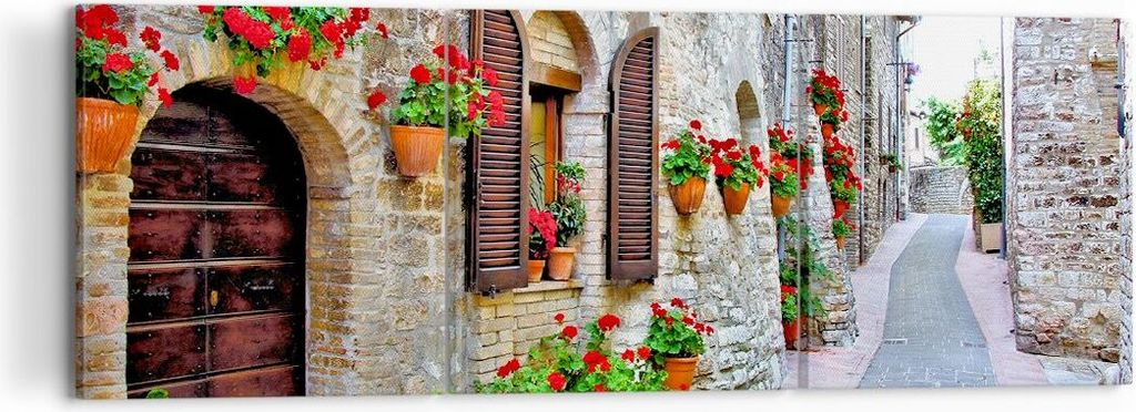 Bild auf Leinwand - Leinwandbild - Italien Straße Blumen Geschichte - 120x40cm - Wand Bild - Wanddeko - Leinwanddruck - Bilder - Kunstdruck - Lein...