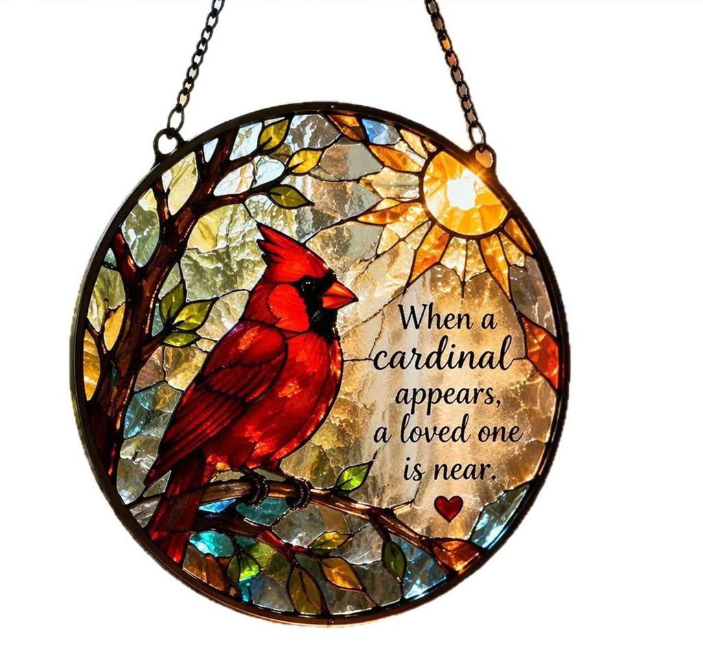Gedenk-Sonnenfänger „Roter Vogel“ im Buntglas-Stil, Vogel auf Ast, Fensterdekoration, Geschenk zum Verlust eines geliebten Menschen C