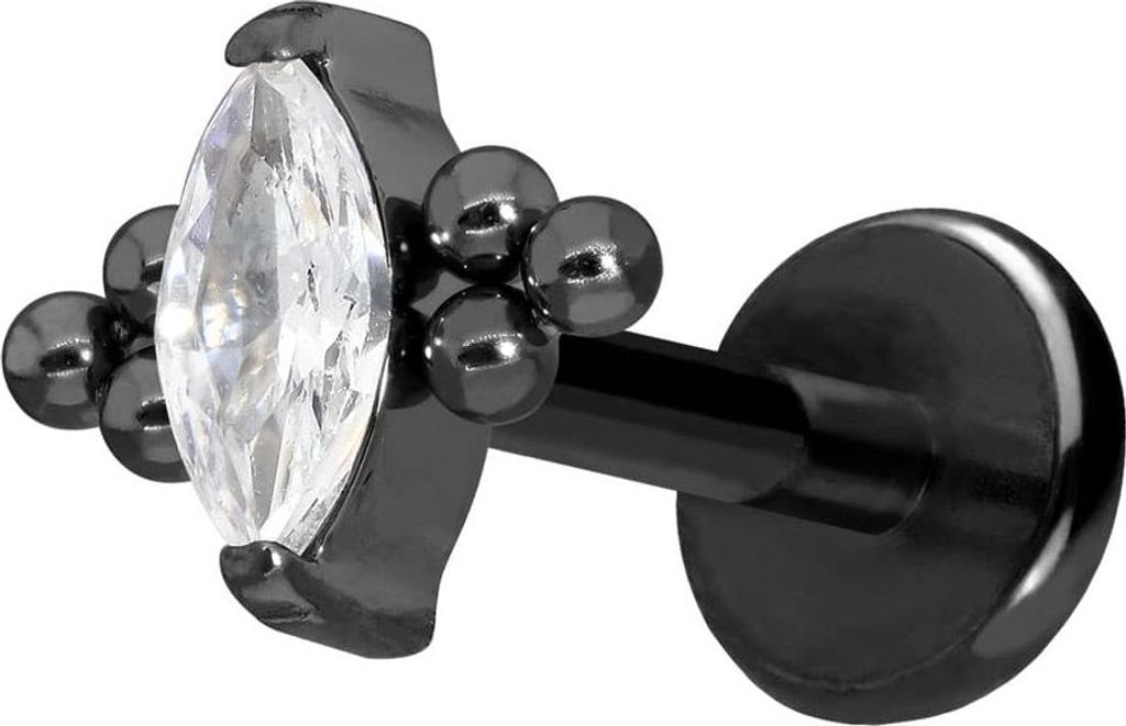 Ohrpiercing, Nasenpiercing Titan Labret mit Push Fit KRISTALLTROPFEN + 6 KUGELN Schwarz Stablänge: 8mm | Stabstärke: 1mm
