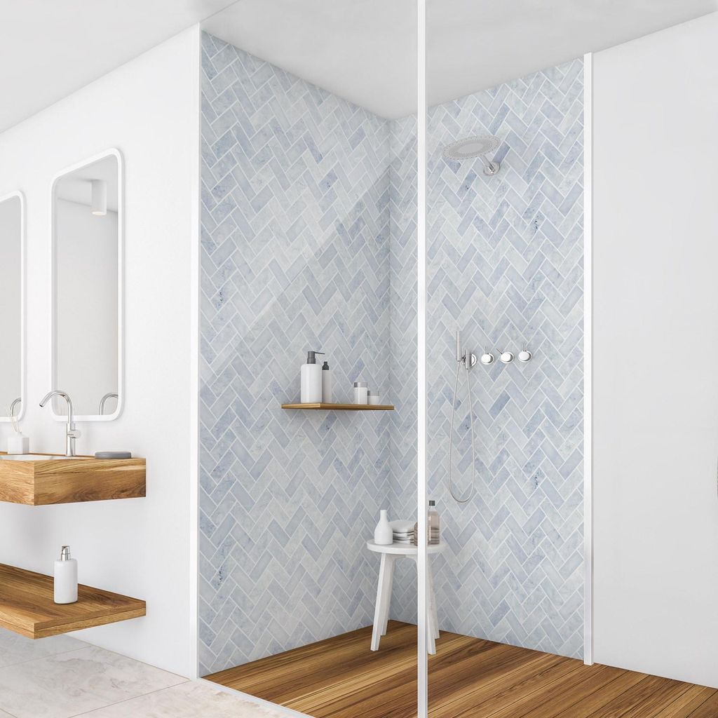 Duschrückwand mit Motiv selbstklebend - 0.61 mm Wandpaneel wasserfest Design blau Fliesenoptik Badrückwand fugenlos Premium matt 80x190 cm
