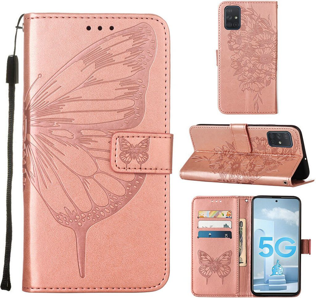 Galaxy A51 5G Hülle, Schmetterling Prägung Flip Leder Kartenfächer Schutzhülle Ledertasche mit Ständer für Samsung Galaxy A51 5G Roségold