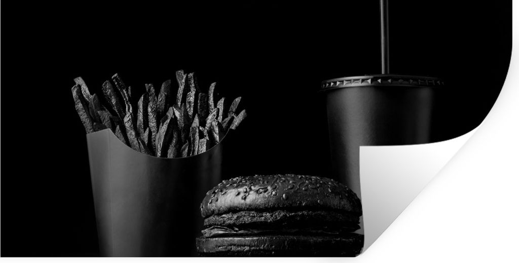 MuchoWow Wandtattoo Wandsticker Wandaufkleber Fastfood-Mahlzeit mit Burger und Pommes frites in Schwarz-Weiß 40x20 cm Selbstklebend und Repositi...