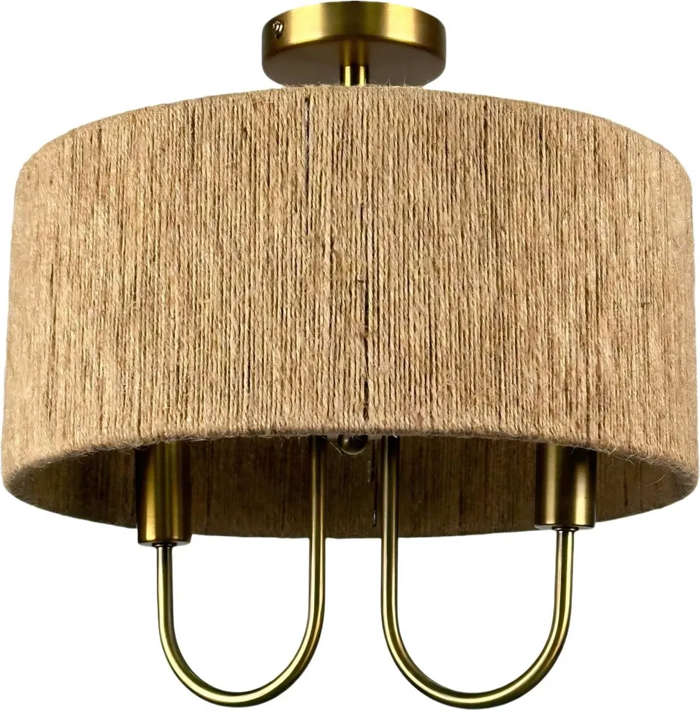 Luminaire de plafond vintage 2 lumières bronze et papier naturel tressé