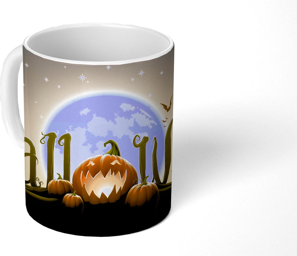 MuchoWow Tasse Kaffeetasse Kaffeebecher 350 ml Die Buchstaben von Halloween beleuchtet durch den Vollmond in einer Illustration Teetasse - Fotota...