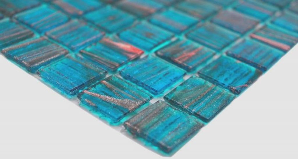Handmuster Glasmosaik Mosaikfliese Türkis Blau Perlenzian Kupfer changierend MOS230-G62_m