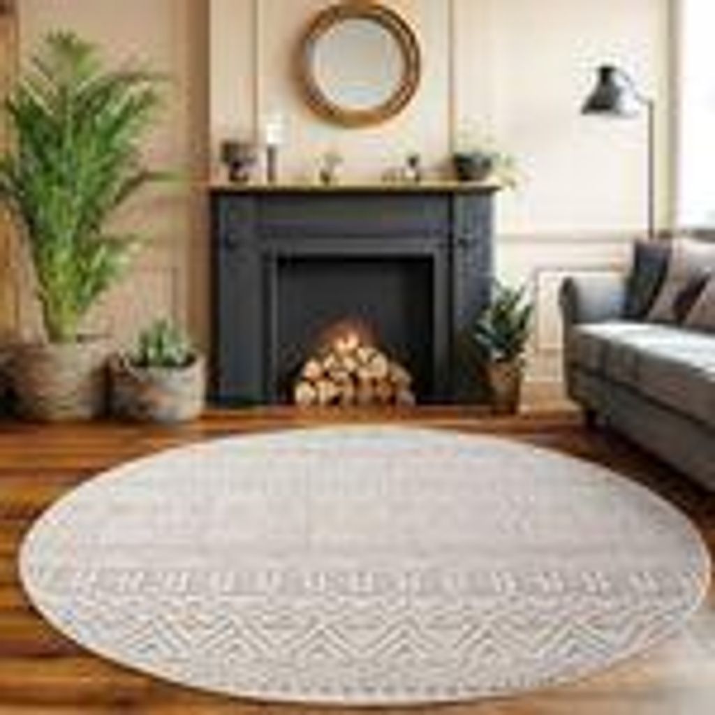 Bouclé Teppich für Wohnzimmer Schlafzimmer Büro weich pflegeleicht strapazierfähig vielseitig kombinierbar , Größe : 160 cm Rund , Farbe : Cr...