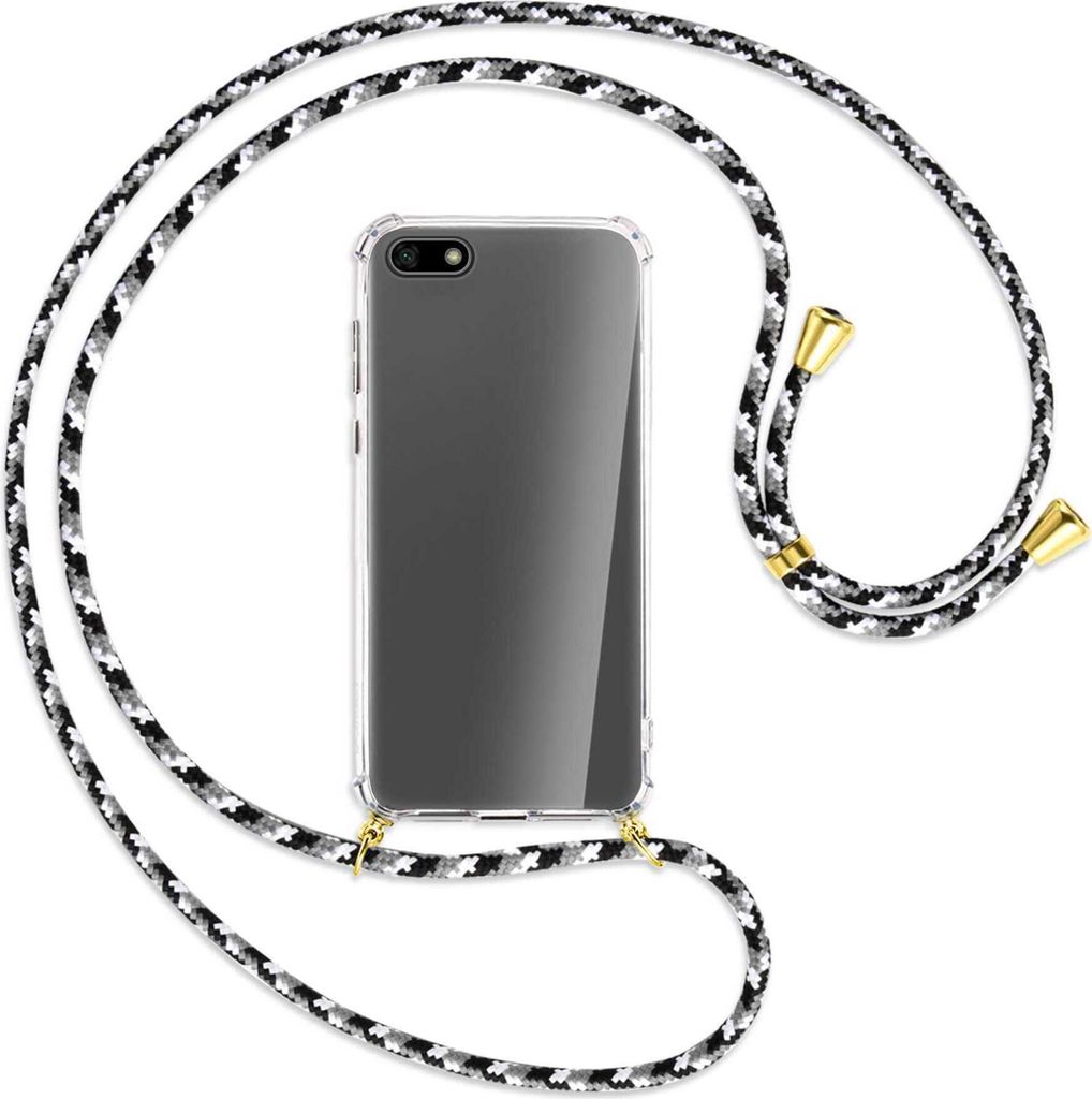 Handykette Backcover-Schutzhülle mit Band (Metall goldfarben) für Huawei Y5 (Prime) 2018 / Honor 7S - schwarz/grau/weiß