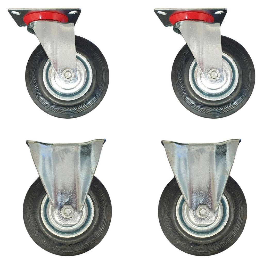 5-Zoll-Rad, 2x drehbar und 2x fest, Trolley-Laufrolle, Gummi, 125 mm, auf Platte, Schwarz – 4 Stück