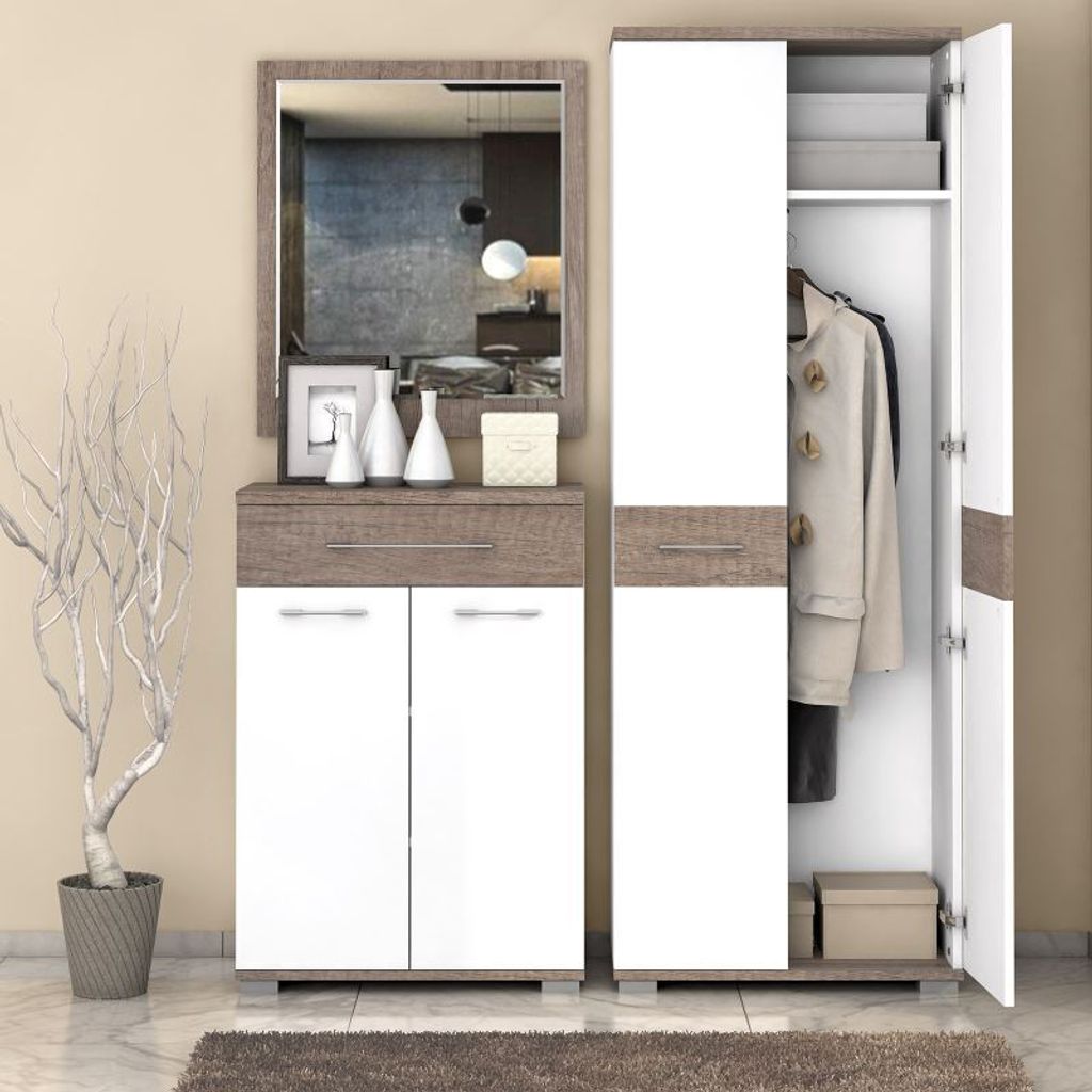 Easy Möbel Garderobe Komplett - Set B Sagone, 3-teilig, Farbe: Eiche Dunkelbraun / Weiß