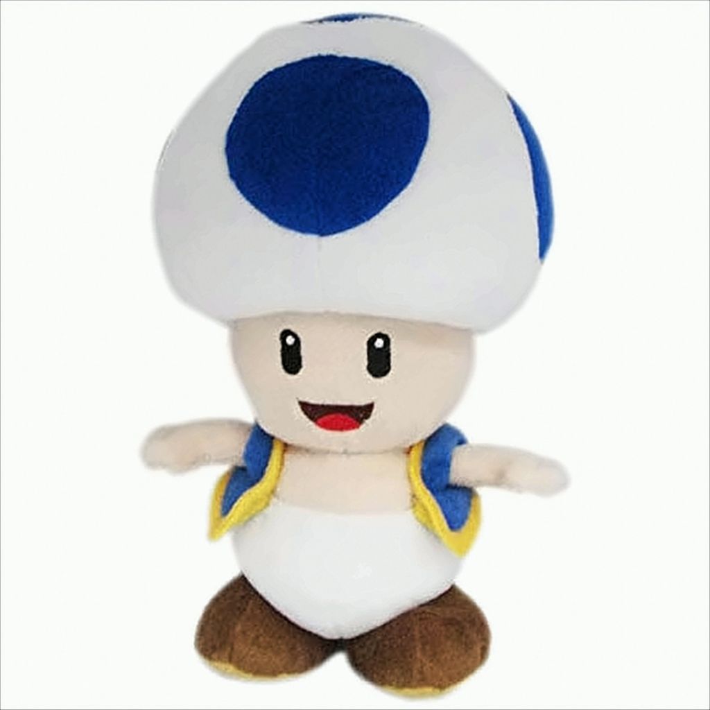 A plush toy of the character Toad from Nintendo.