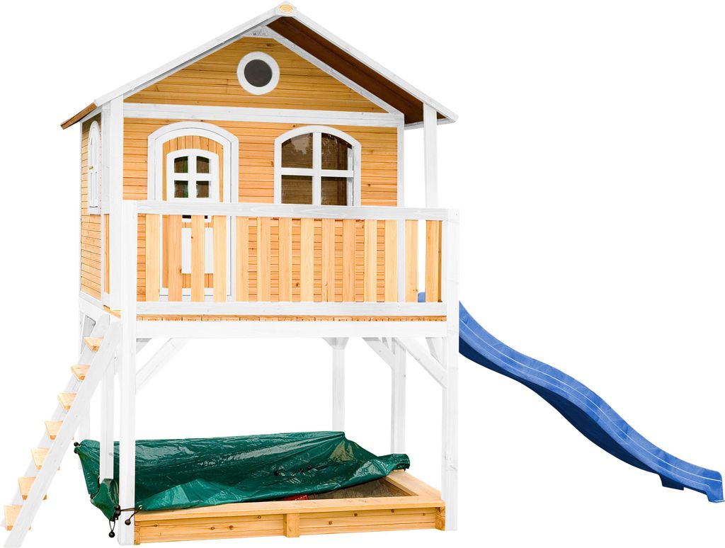 AXI Spielhaus Marc mit Sandkasten & blauer Rutsche | Stelzenhaus in Braun & Weiß aus Holz für Kinder | Spielturm mit Wellenrutsche für den Garten
