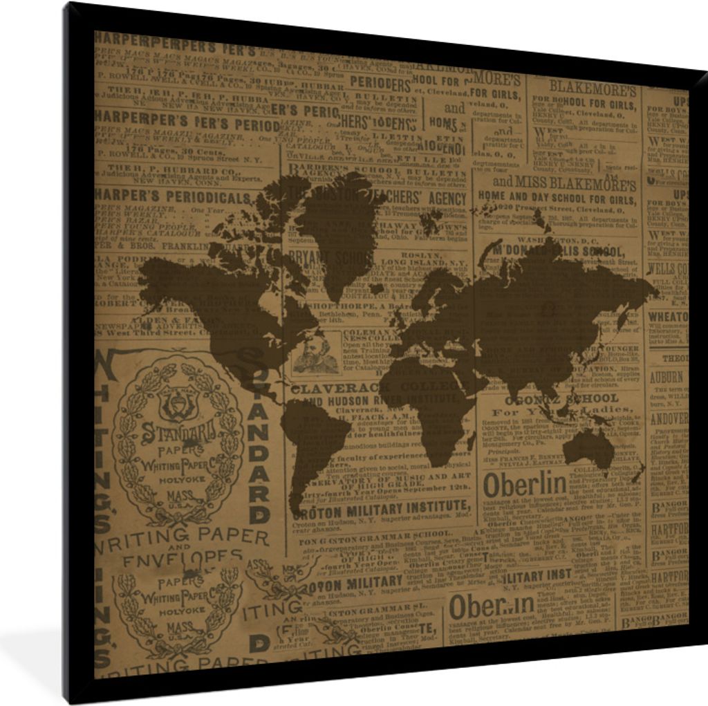 MuchoWow MuchoWow Gerahmtes Poster Weltkarte Brown - Zeitung - Briefe 40x40 cm - Poster mit zchwarzem Bilderrahmen - Mit Rahmen - Wanddekoratio...