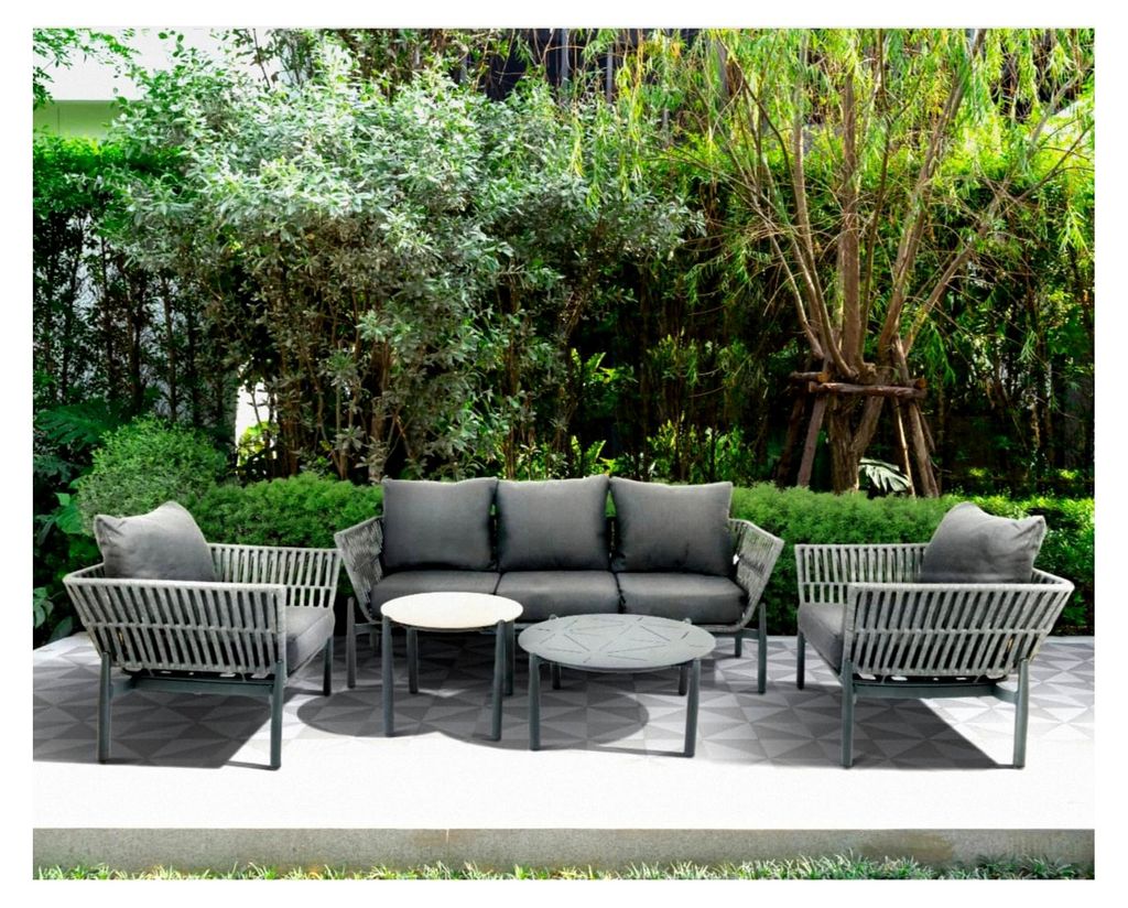 Lounge-Gartensitzgruppe Inca, 5-teilig, Aluminium Grau, 3-Sitzer Sofa mit 2 Sesseln und 2 Beistelltischen