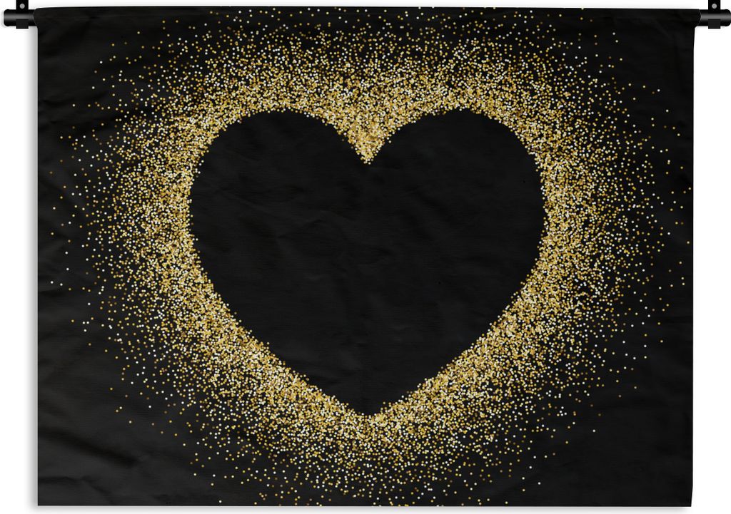 MuchoWow Wandteppich Wandbehang Goldenes Herz auf schwarzem Hintergrund 90x67.5 cm Tapisserie Dekoration Wandtuch - Fototeppich - Wand-Skulpturen