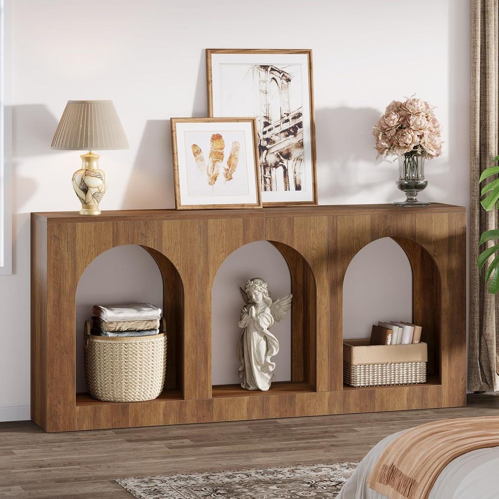Tribesigns 160 cm Konsolentisch, Holz Eingangstisch mit 3 Bogenregalen, für Eingangsbereich, Flur, Wohnzimmer, hinter Couchtischen, rustikaler Braun