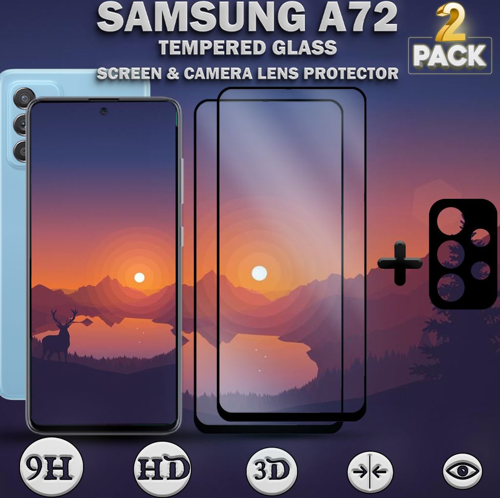 2-Pack Samsung Galaxy A72 Displayschutzfolie und Objektivschutz aus 9H gehärtetem Glas
