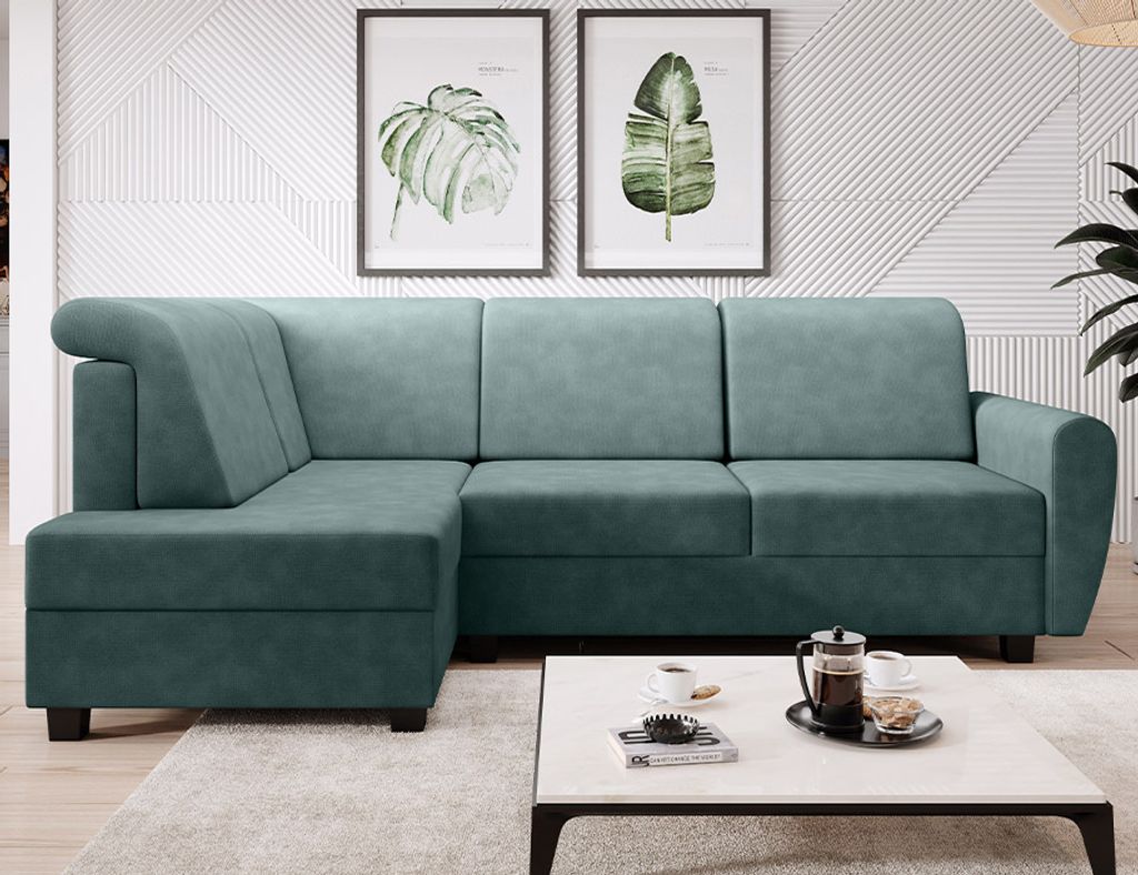 Easy4You Ecksofa MILO L-Form Minze – 235x90x157 cm - Schlafsofa mit Bettkasten und Schlaffunktion - Eckcouch mit Stauraum – Links – Stoff Sor...