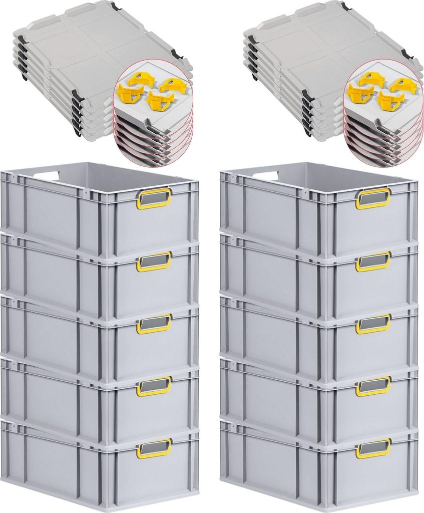 SparSet 10x Eurobox NextGen Color mit Auflagedeckel und Schiebeschnappverschlüsse | HxBxT 22x40x60cm | 44 Liter | Griffe gelb offen | Verstärkter...